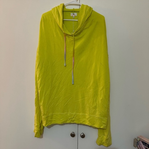 NWT Sundry Oversized Pullover Hoodie with Rainbow Drawstrings Neon Yellow - Picture 2 of 9